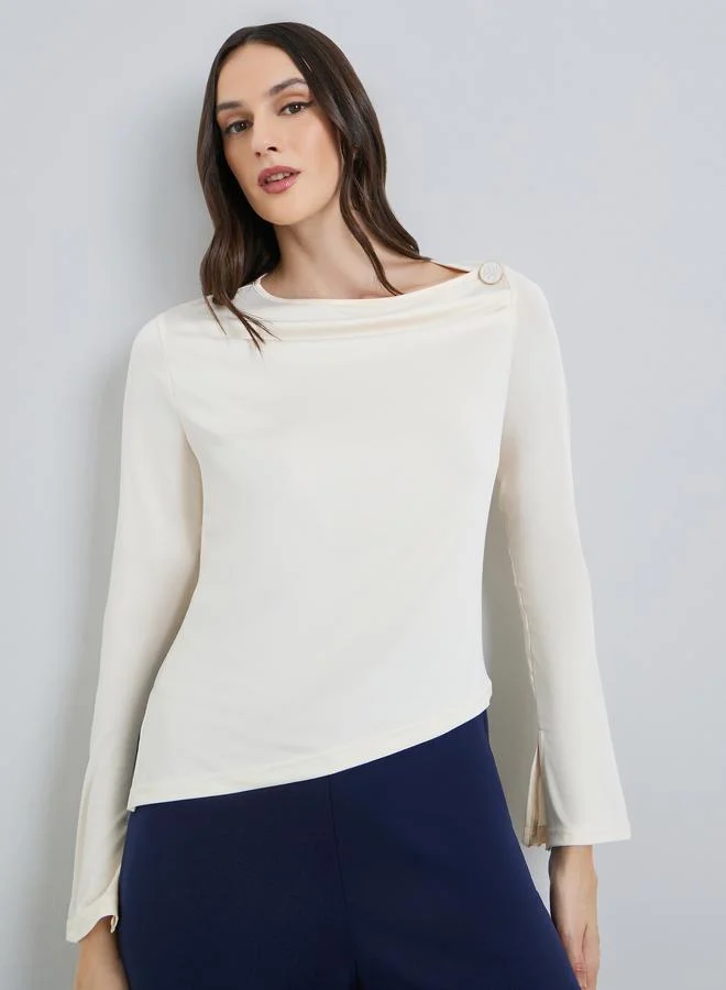 Styli Women Beige Asymmetrical Neck Knit Top